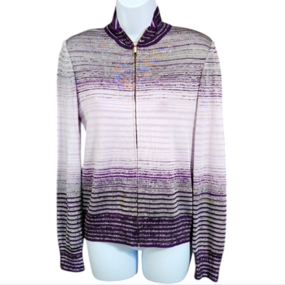 St John Purple Striped Zip Front Cardigan